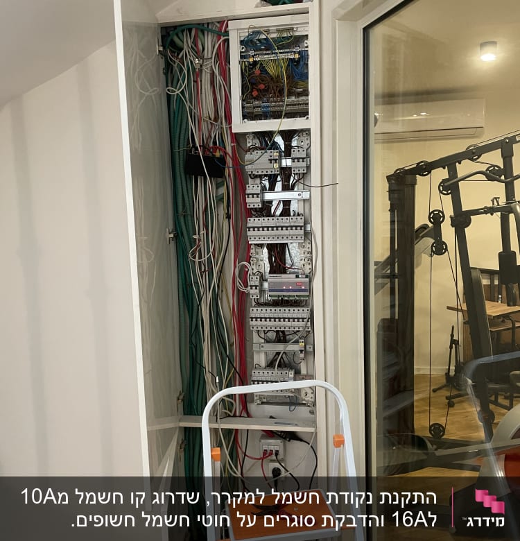 ארון חשמל פתוח עם חוטים וכלי עבודה